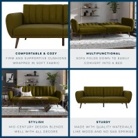 Novogratz Brittany Sofa Futon Premium Linen Upholstery And Wooden Legs Green Linen