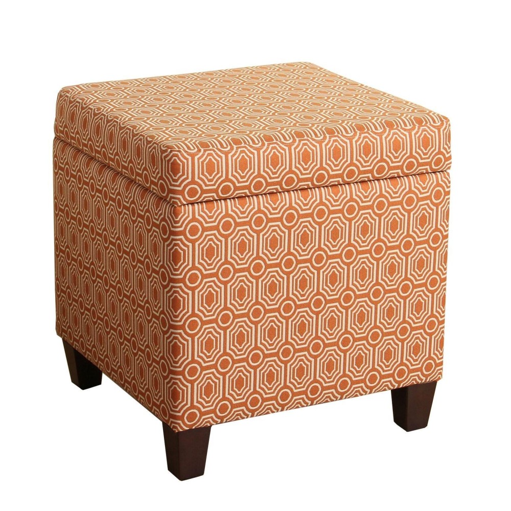 Homepop Upholstered Storage Cube Ottoman With Hinged Lid, Orange Geometric 17\ X 17\