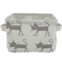 Mziart Small Foldable Canvas Storage Basket With Handles, Cotton Linen Storage Bin Organizer For Nursery Kids Shelves & Desks (Grey Cat)