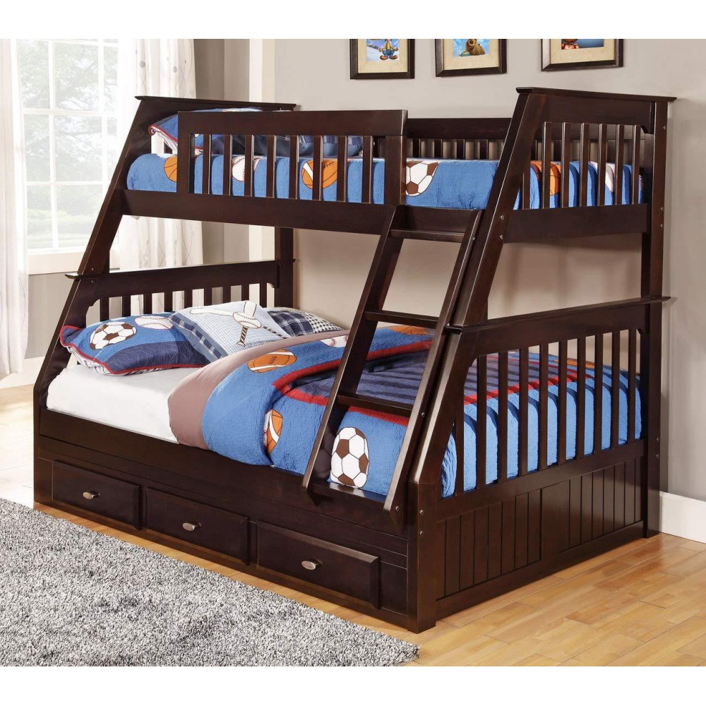 American Furniture Classics Espresso Wood 3-Drawer Bunk Bed, Twin Over Full, Brown