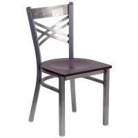 Hercules Series Clear Coated ''X'' Back Metal Restaurant Chair - Mahogany Wood Seat