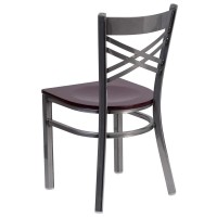 Hercules Series Clear Coated ''X'' Back Metal Restaurant Chair - Mahogany Wood Seat