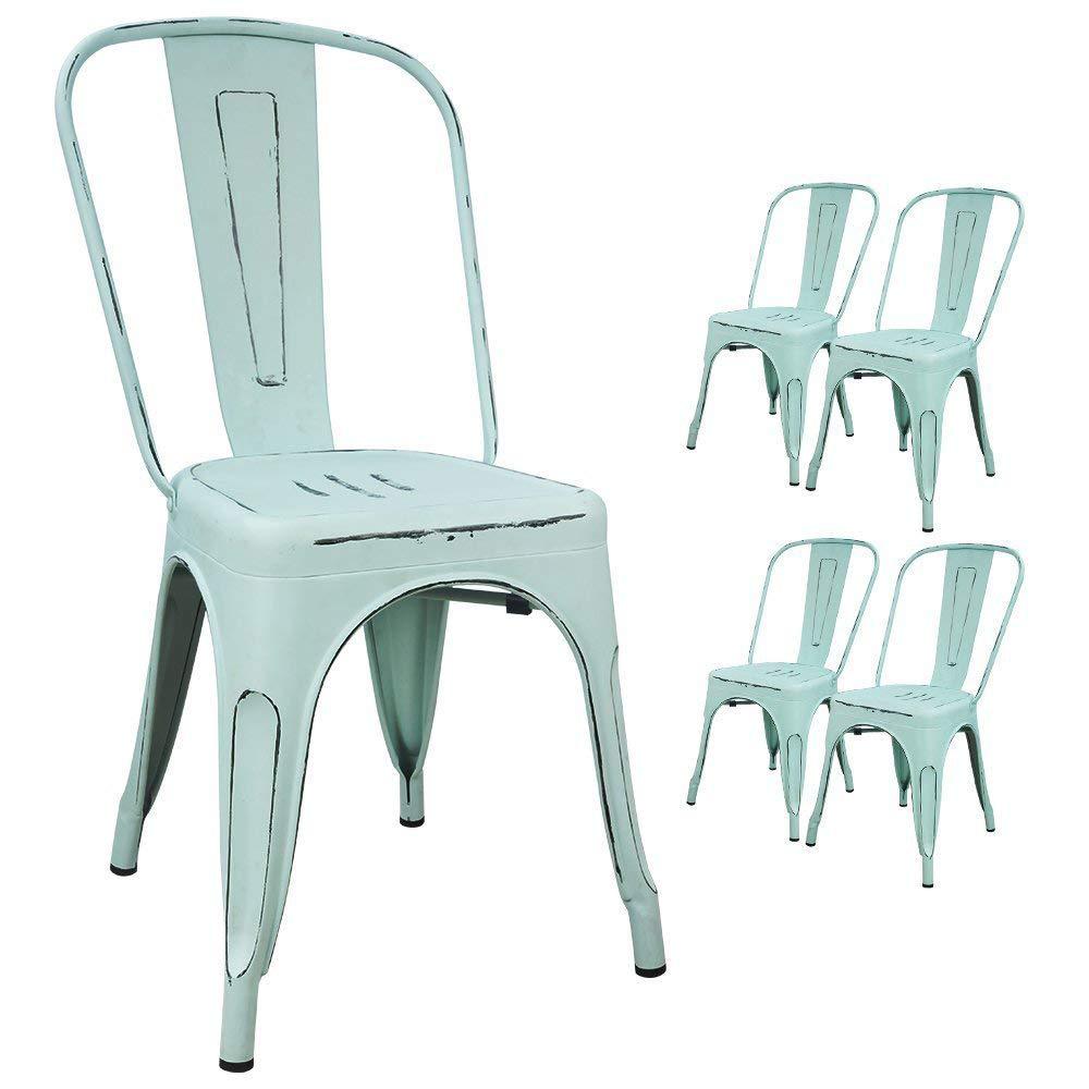 Devoko Metal Indooroutdoor Chairs Distressed Style Kitchen Dining Chairs Stackable Side Chairs With Back Set Of 4 Blue