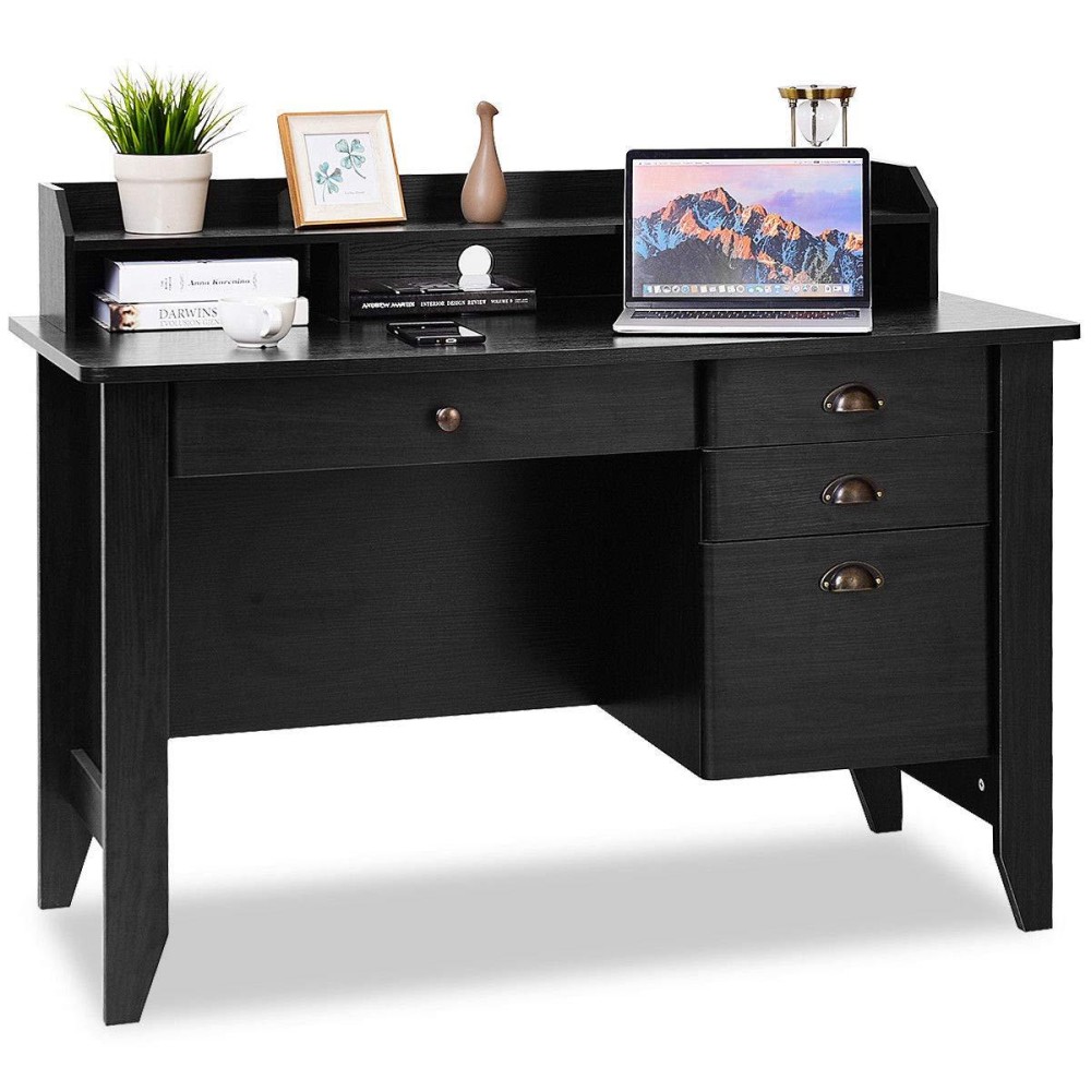 Tangkula Computer Desk With 4 Storage Drawers & Hutch, Home Office Desk Vintage Desk With Storage Shelves, Wooden Executive Desk Writing Study Desk (Black)