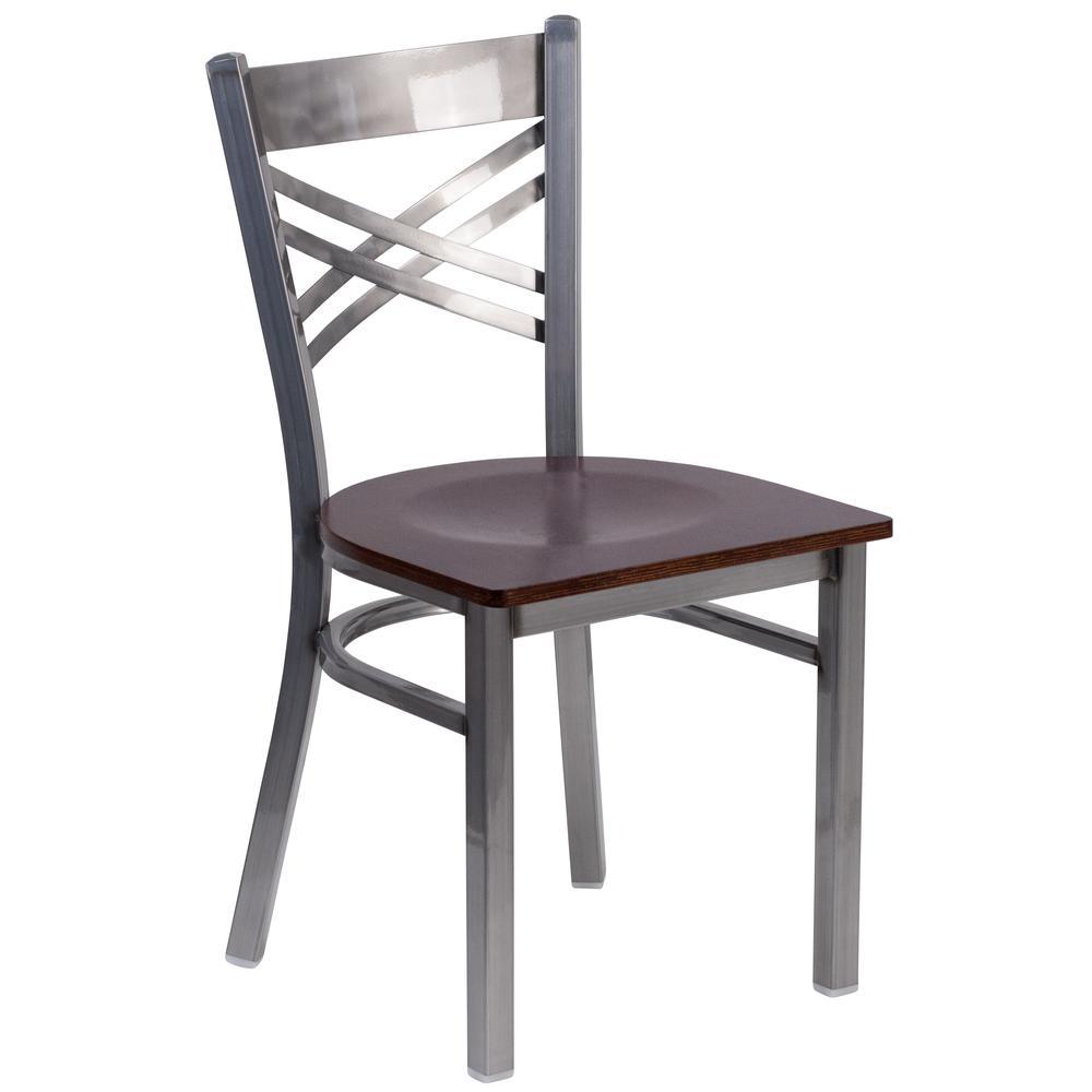 Hercules Series Clear Coated ''X'' Back Metal Restaurant Chair - Walnut Wood Seat