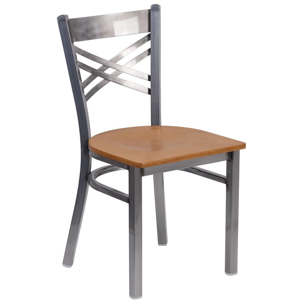 Hercules Series Clear Coated ''X'' Back Metal Restaurant Chair - Natural Wood Seat