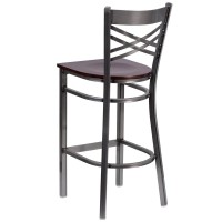 HERCULES Series Clear Coated ''X'' Back Metal Restaurant Barstool - Walnut Wood Seat