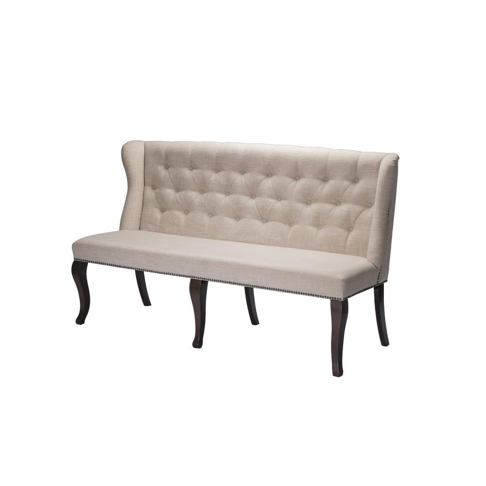 Classic Upholstered Bench in Linen Fabric wTufted Style Back Nailhead Trim Beige