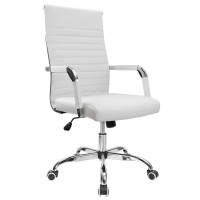 Furmax Ribbed Office Desk Chair Mid-Back Pu Leather Executive Conference Task Chair Adjustable Swivel Chair With Arms (White)