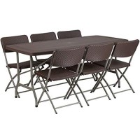 Flash Furniture 5.62-Foot Brown Rattan Indoor-Outdoor Plastic Folding Table Set With 6 Chairs