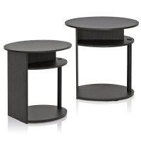Furinno Jaya Simple Design Oval End Table Set Of 2, Walnut, 2-15080Wnbk