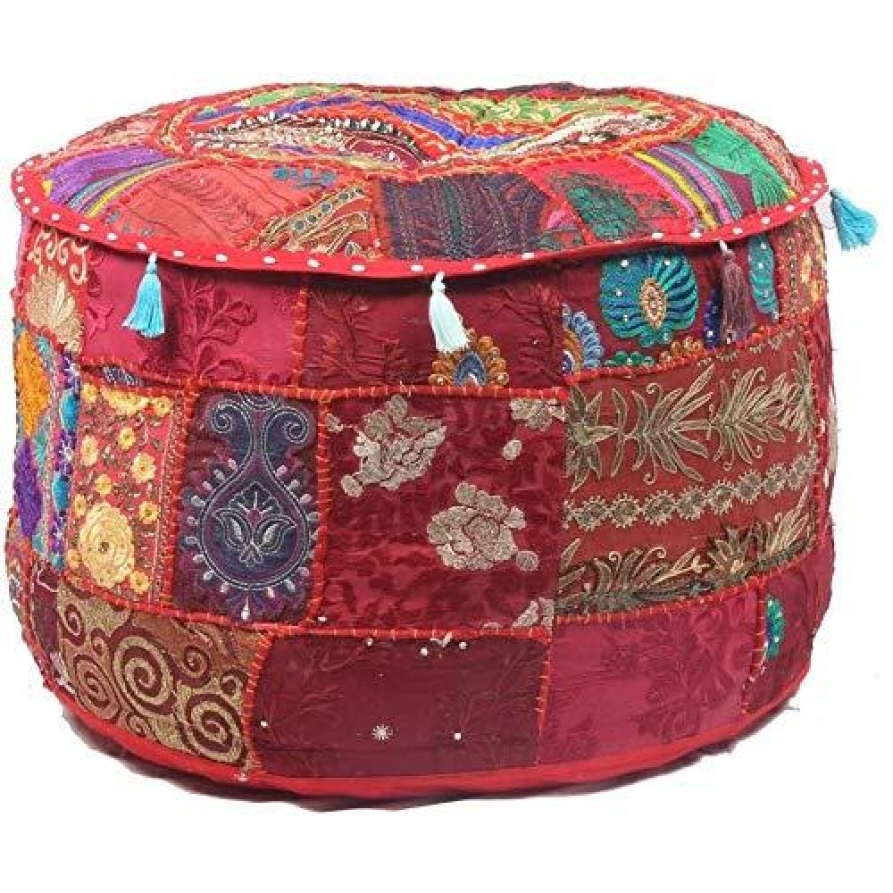 Ganesham Klavate Indian Hippie Vintage Cotton Floor Pillow & Cushion Patchwork Bean Bag Chair Cover Boho Bohemian Hand Embroidered Handmade Pouf Ottoman (Red, 13