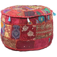 Ganesham Klavate Indian Hippie Vintage Cotton Floor Pillow & Cushion Patchwork Bean Bag Chair Cover Boho Bohemian Hand Embroidered Handmade Pouf Ottoman (Red, 13