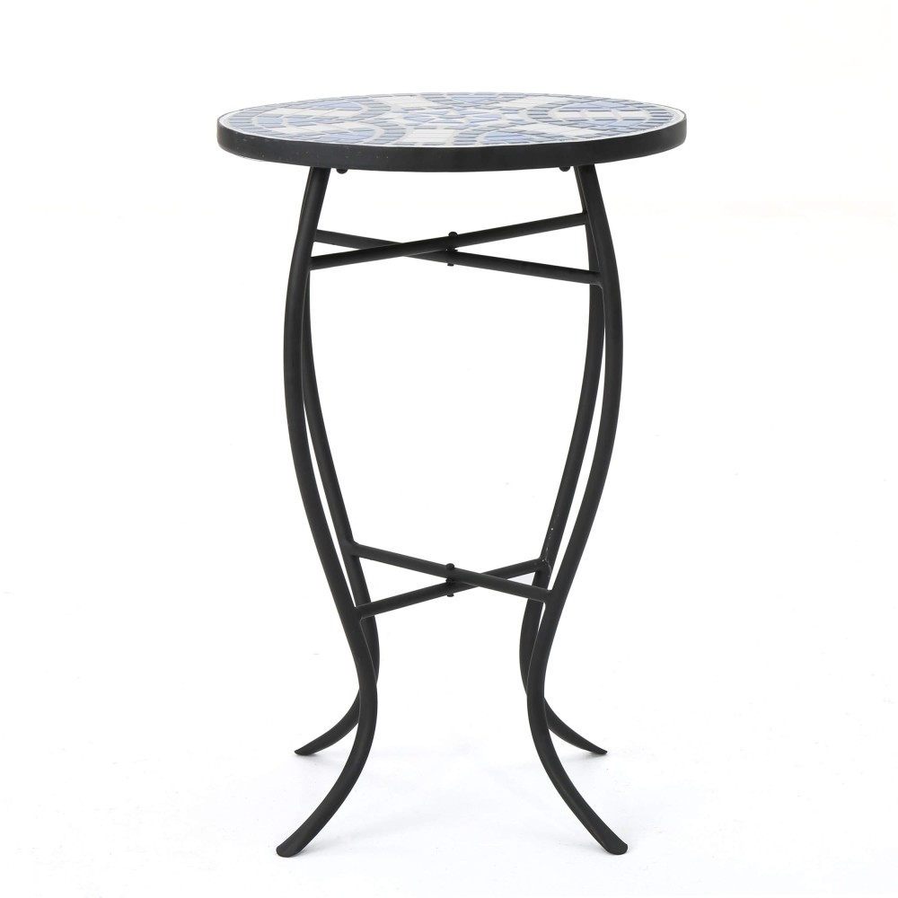 Christopher Knight Home Han Outdoor Ceramic Tile Side Table With Iron Frame, Blue / White