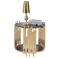 Acme Tanquin Round Glass Top End Table In Black Glass And Gold