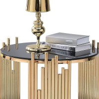 Acme Tanquin Round Glass Top End Table In Black Glass And Gold