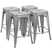 Furmax 24 Inches Metal Bar Stools Counter Height High Backless Indoor-Outdoor Stackable Stools Set Of 4 (Sliver)