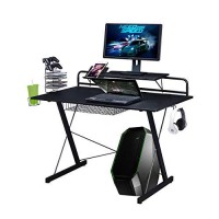 Techni Sport Computer Gaming Desk With Shelving Ergonomic Workstation With Carbon Fiber Laminated Mdf Top And Steel Frame Black