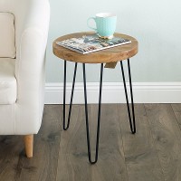 WELLAND Rustic Old Elm Wood Round End Table with 3-Leg Metal Stand