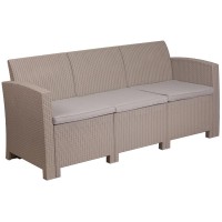 Light Gray Faux Rattan Sofa With All-Weather Light Gray Cushions