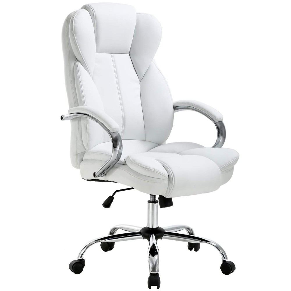Ergonomic Office Chair Cheap Desk Chair Pu Leather Computer Chair Executive Adjustable High Back Pu Leather Task Rolling Swivel Chair With Lumbar Support For Women Men, White
