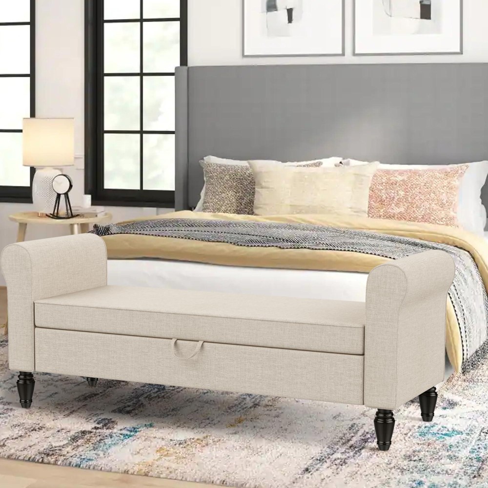 Alish Modern Storage Bench With Arms Button Tufted Bed Bench With Storage Entryway Bench For Living Room Bedroom Gray