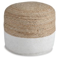 Signature Design By Ashley Sweed Valley Jute & Cotton Pouf, 19 X 19 Inches, Beige & White