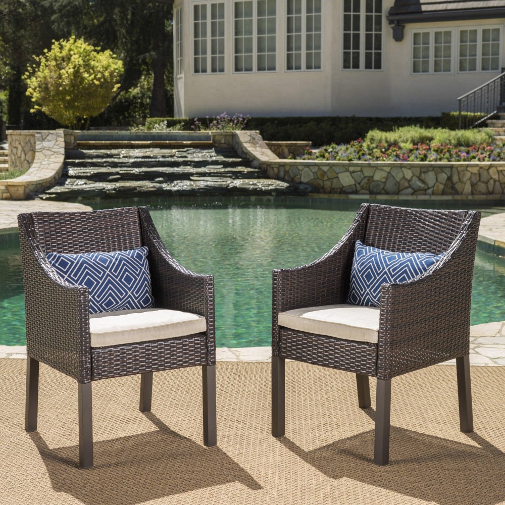 Gdfstudio Antioch Outdoor Wicker Dining Chairs With Water Resistant Cushions (Set Of 2) (Multi-Brown/Beige)