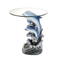 24 Tall Glass Top End Table Polyresin Dolphin Base