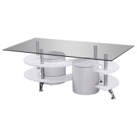 High Gloss Lacquer Coffee Table with Glass Top Faux Leather Stools and Stool Storage White