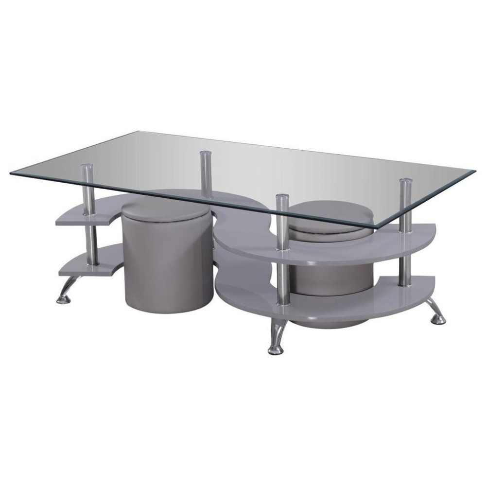 High Gloss Lacquer Coffee Table with Glass Top Faux Leather Stools and Stool Storage Gray