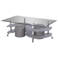 High Gloss Lacquer Coffee Table with Glass Top Faux Leather Stools and Stool Storage Gray