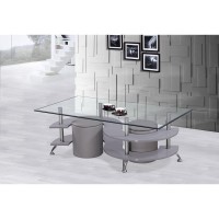 High Gloss Lacquer Coffee Table with Glass Top Faux Leather Stools and Stool Storage Gray