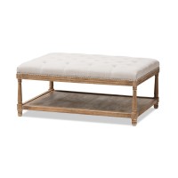 Baxton Studio Valensole French Country Weathered Oak Rectangular Coffee Table Ottoman, Beige Linen