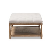 Baxton Studio Valensole French Country Weathered Oak Rectangular Coffee Table Ottoman, Beige Linen