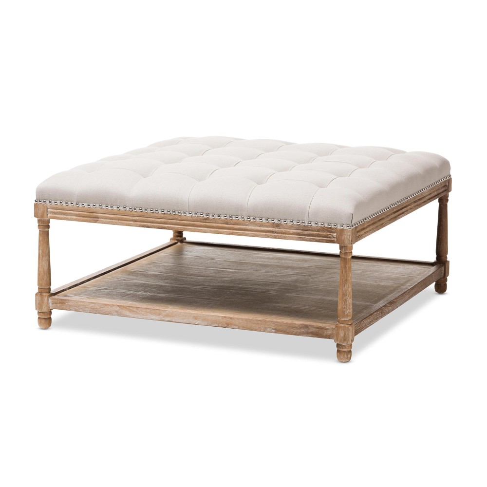 Baxton Studio Valensole French Country Weathered Oak Rectangular Coffee Table Ottoman Beige Linen