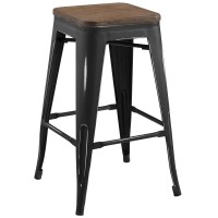 Modway Promenade Industrial Modern Steel Backless Bar Bamboo Seat In Black, Counter Stool