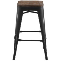 Modway Promenade Industrial Modern Steel Backless Bar Bamboo Seat In Black, Counter Stool