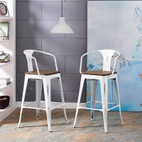 Modway Promenade Industrial Modern Steel Bistro Bar Stool With Arms And Bamboo Seat In White