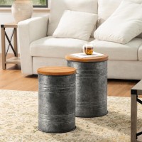 Glitzhome Rustic Storage Ottoman Seat Stool, Farmhouse Nesting Table, Galvanized Barrel Metal Accent End Side Table Toy Box Bin With Round Wood Lid Set Of 2 For Living Room Furniture, Grey