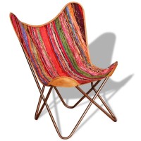 Vidaxl Handcrafted Butterfly Chair - Retro Styled Multicolor Chindi Fabric Upholstery With Real Leather Corners And Durable Iron Frame For Indoor And Outdoor Use