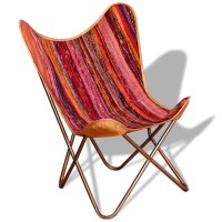 Vidaxl Handcrafted Butterfly Chair - Retro Styled Multicolor Chindi Fabric Upholstery With Real Leather Corners And Durable Iron Frame For Indoor And Outdoor Use