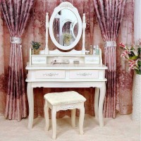 White Vanity Jewelry Makeup Dressing Table Set W/Stool 4 Drawer Mirror Wood Desk