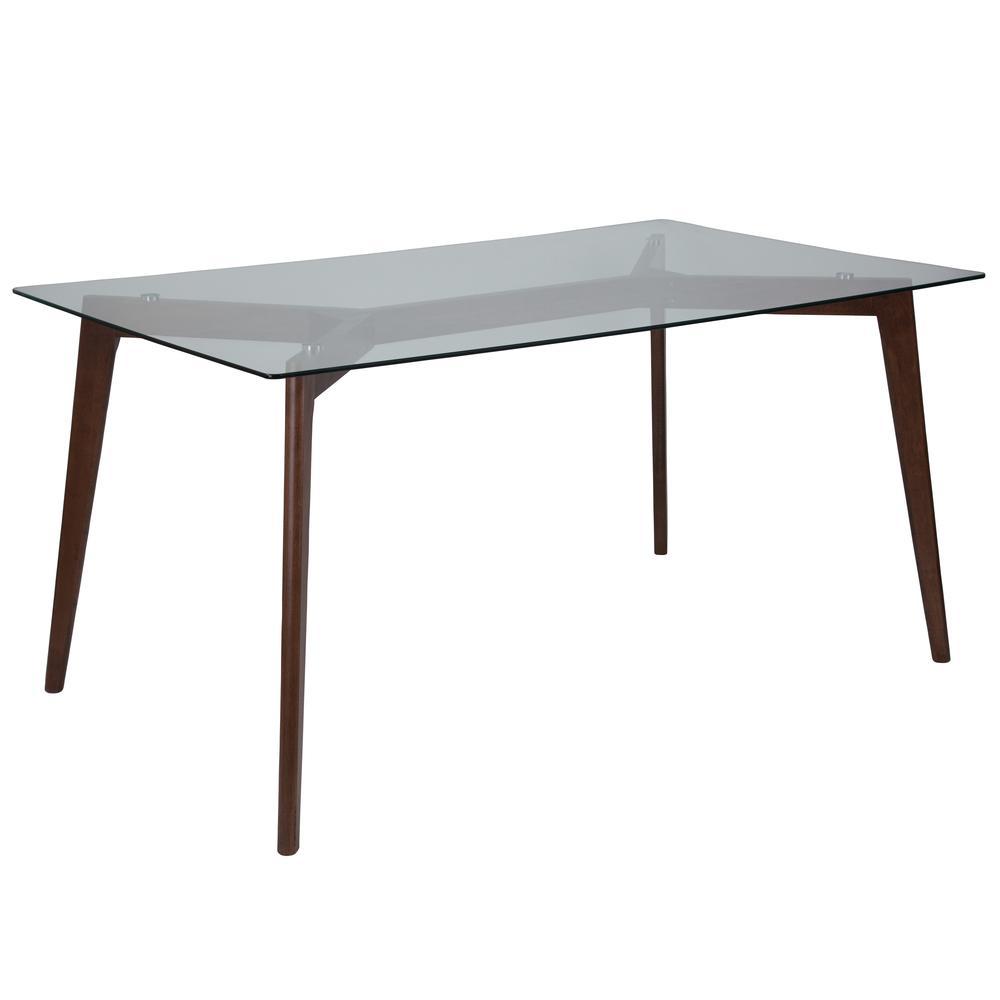 Parkside 35.25 x 59 Rectangular Solid Walnut Wood Table with Clear Glass Top