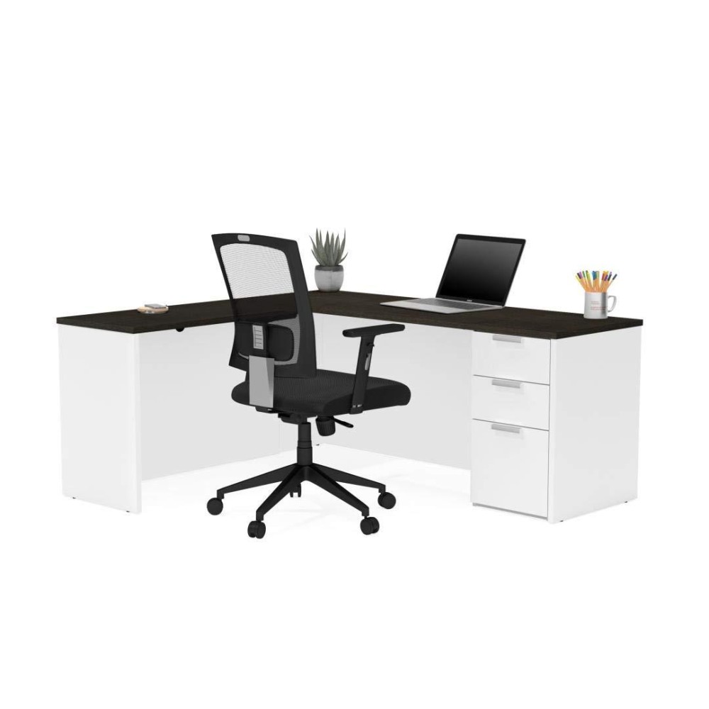 Bestar Pro-Concept Plus L-Shaped Desk With Pedestal, White & Deep Grey