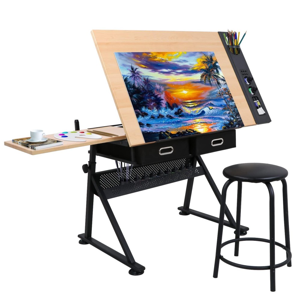 Zeny Drafting Table Art Desk Drawing Table Height Adjustable Artist Table Tilted Tabletop W/Drafting Stool And Storage Drawer For Reading, Writing, Crafting, Painting Art