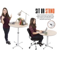 Stand Steady Adjustable Height Round Table - Ergonomic Sit To Stand Desk, Side Table, High Top Cocktail Cafe Table - Ideal For Saving Space And Comfortable Sitting (White/Maple, 31.5In X 28-42.5In)