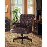 Benzara, Dark Brown Button Tufted Executive Home Office Wooden Chair With Vinyl Like Leather Upholstery