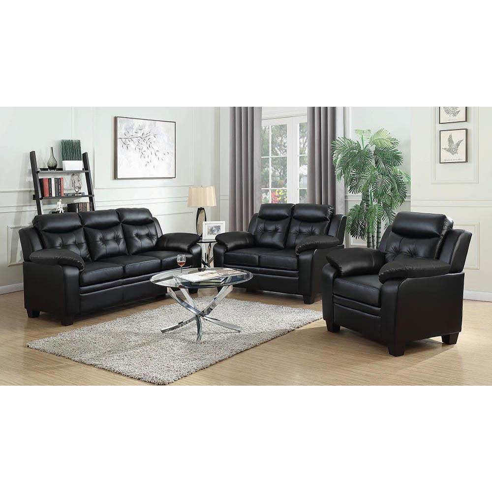 Stylish stationary sofa collectionPerfect for small spacesSoft, breathable, black leatherette upholsteryUltra-plush headrest and armrestssubtle tufting on backrests for added styleDurable kiln dried hardwood frame