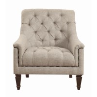 A modern spin on a classic traditional living room collectionSoft, grey linen-like upholsteryButton tufted seat and backrestBeautiful detailed solid wood legs create the perfect foundationThis collection is also available in grey velvet with chrome and si